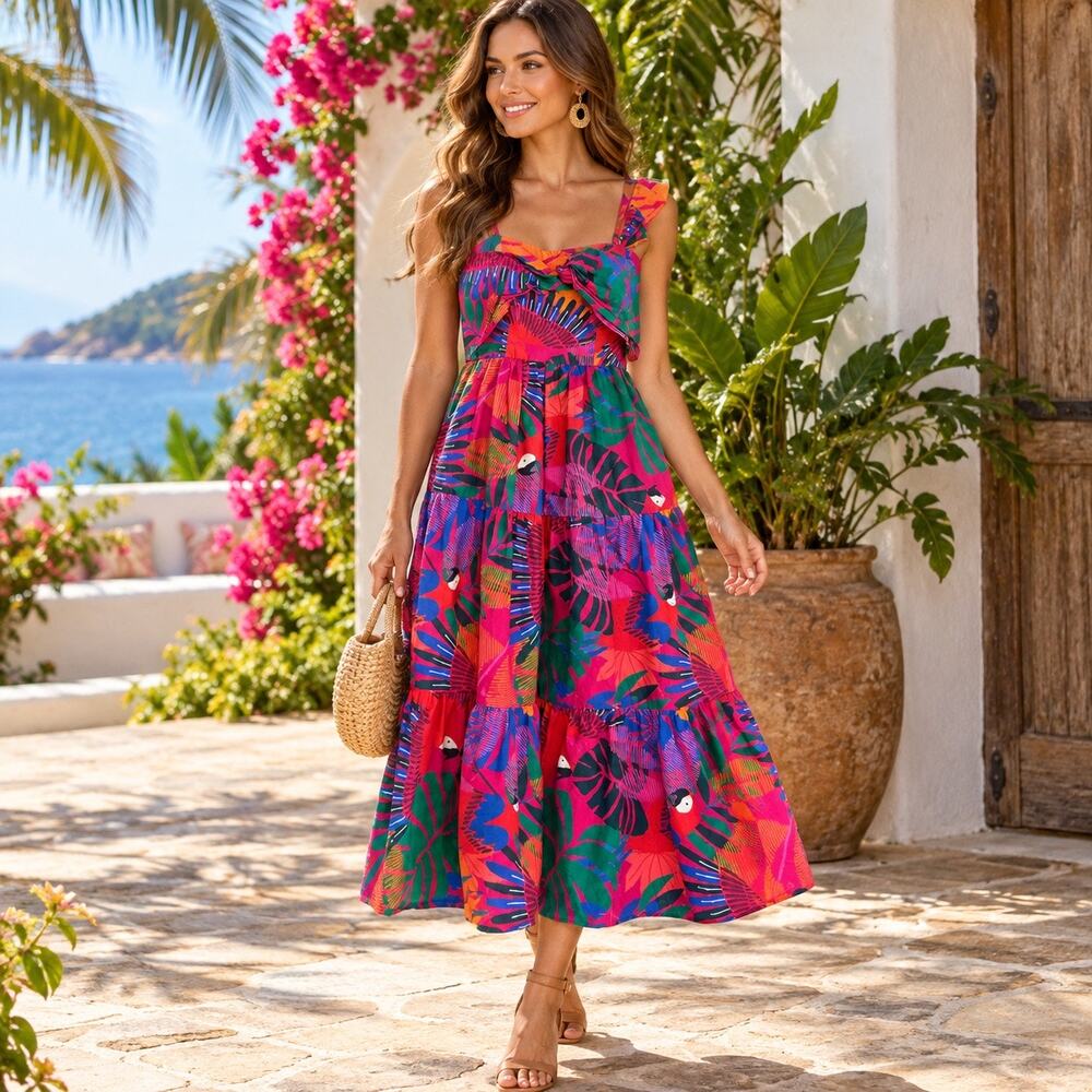 FARM Rio Macaw Bow Top Midi Dress XS Tropical Bird Print Cotton